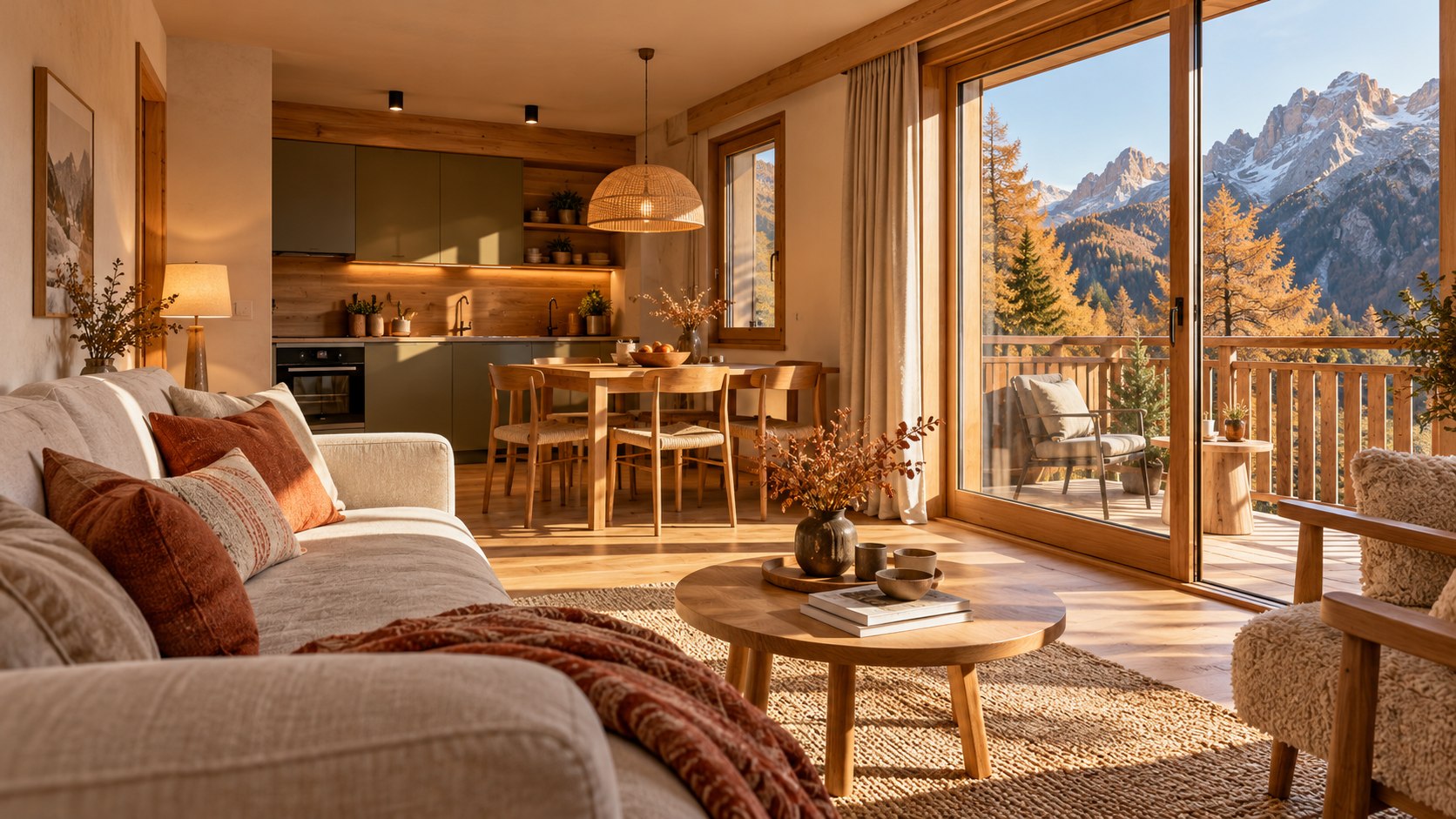 Salon de montagne chaleureux et balcon face aux sommets